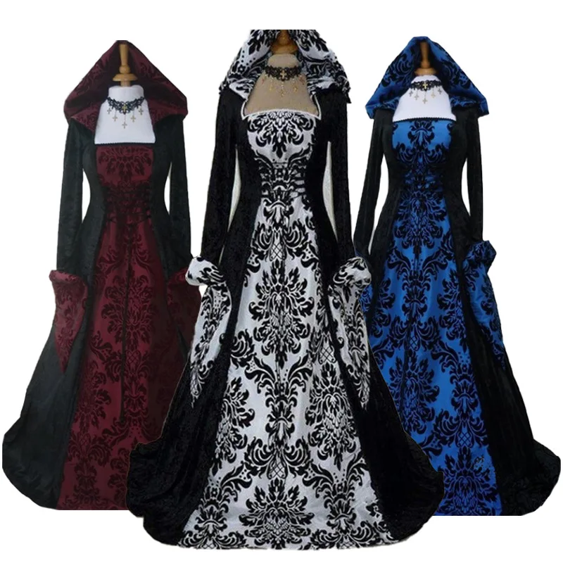 

Medieval Costume for Women Vmapire Dress with Hooded Gothic Dresses Floral Vintage Artsy Long Sleeved Queen Cosplay