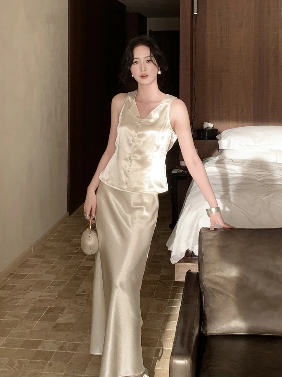 

High Waist A-Line Skirt Women's Satin Glossy f-length Spring 2025 New Sle Quali Faion Commute Retro Design