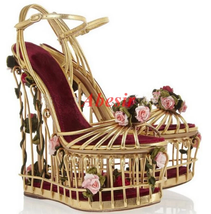 Fashion Flower Bird Cage High Heels For Woman Wedges Ankle Strap Sandals Thick Platform Dress Runway Shoes