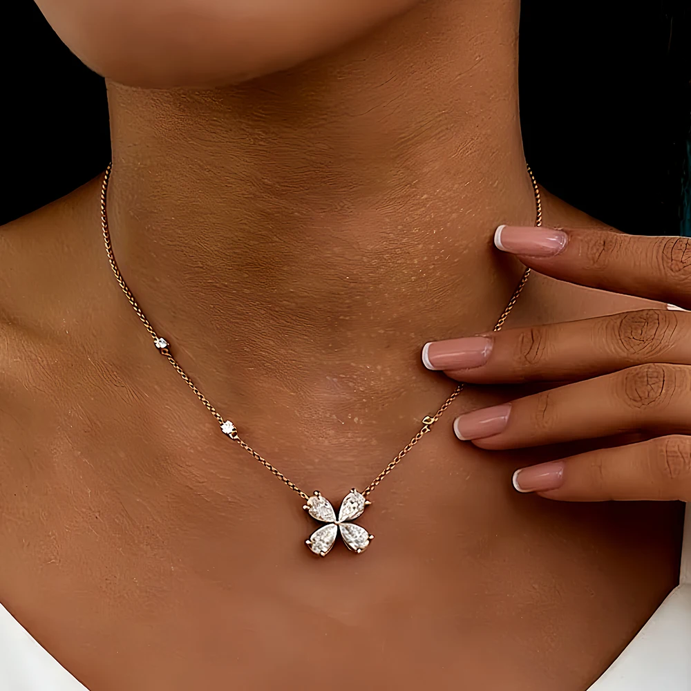 

Four-Leaf Clover Moissanite Necklaces for Women Round & Pear Cut Lab Grown Diamond with GRA 925 Sterling Silver Birthday Jewelry