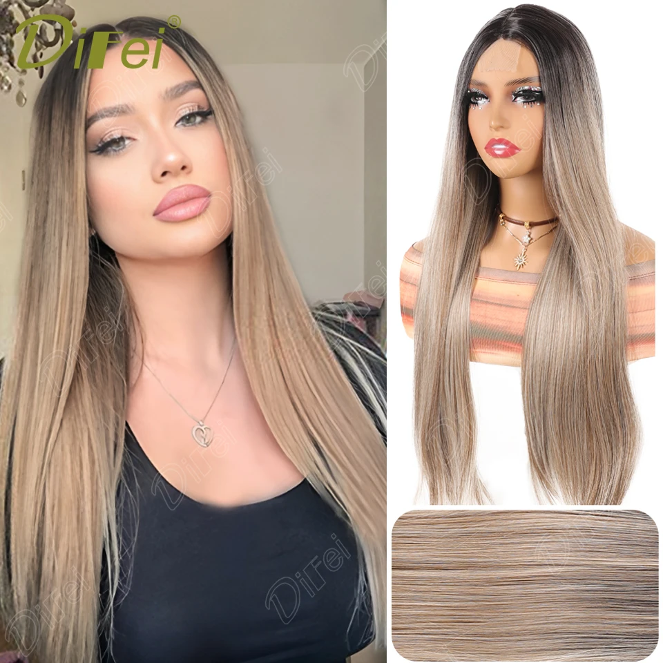 

DIFEI Synthetic Forehead Lace Gradient Straight Wig Natural Straight Wig Suitable For Women's Daily Halloween Christmas Wear Use