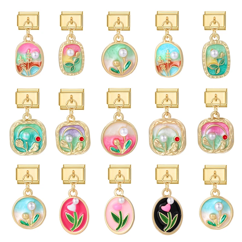

Gold Color Seals Flowers Painting Pearls Pendant Italian Charm Link Fit 9MM Stainless Steel Bracelet Women Men DIY Making Gifts