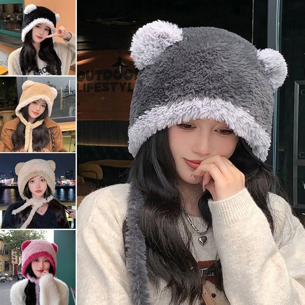 

Casual Bear Ear Knitted Plush Hat Windproof Thickened Beanies Cap Coldproof Keep Warm Ear Protection Hat Outdoor Cycling