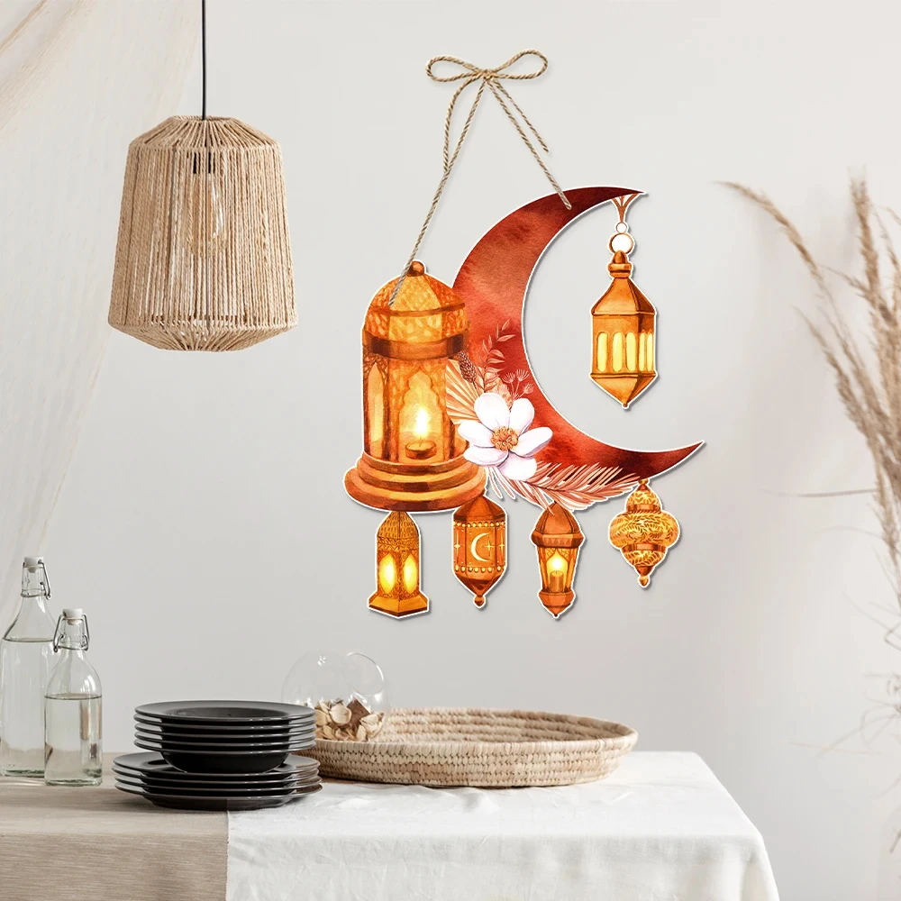 Eid Al-fitr Ramadan Kareem Door Pendant Paper Moon Lantern Hanging Ornament Eid Mubarak Decorations for Home Wall Hanging Sign