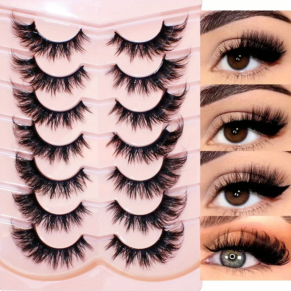 7 Pairs Cat-Eye Lashes, 3D Fake Eyelashes Curling Winged Natural Realistic Messy End Eye Elongated Thick False Eyelashes