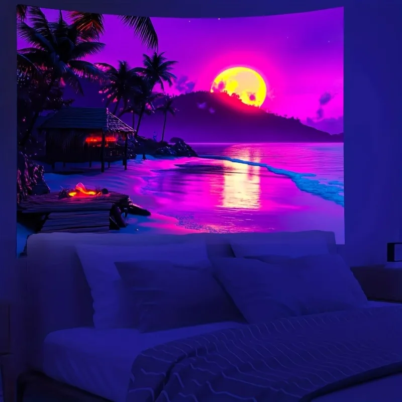 Picture 4: Vibrant Beach Nightscape Neon Tapestry,UV tapestry wall hanging bedroom home party decoration