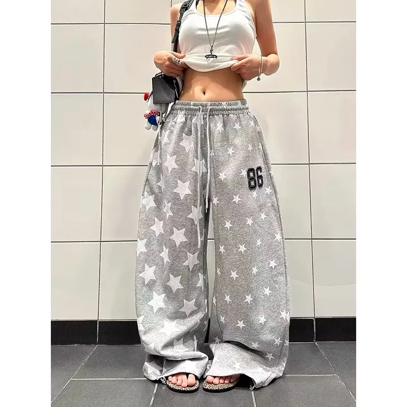 Amerikanische Retro Y2k Sporthose mit Sternenmuster für Damen, Herbst/Winter, High Street Hip-Hop, lockere, lässige, graue Hose mit weitem Bein, für Kinder – Detail 4