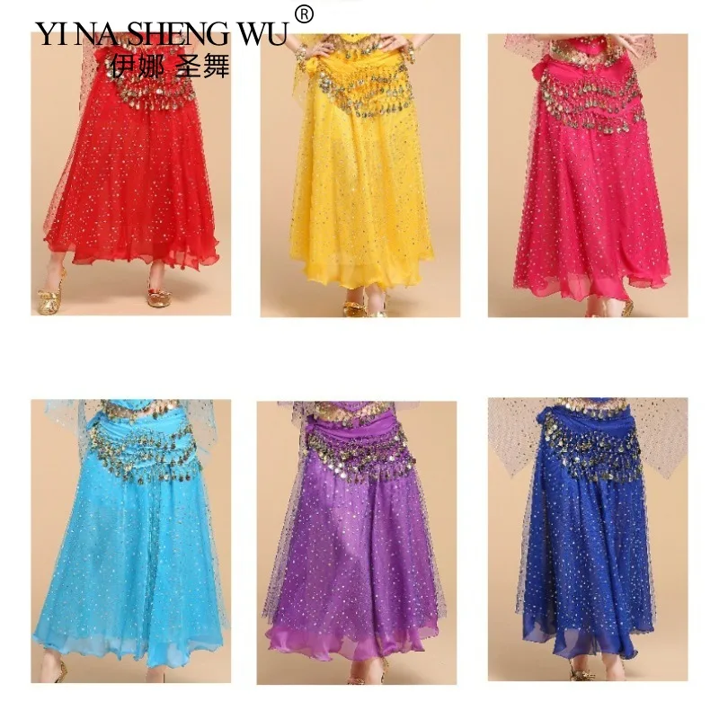 New Belly Dance Chiffon Skirt Dance Performance Dress Colorful Dot Skirt Adult Women Indian Dance Dance Skirt 6 Colors One Size