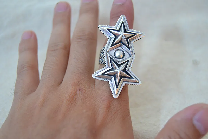 Trendy personality punk jewelry retro Thai silver pentagonal star ring index finger opening adjustable 925 sterling silver ring