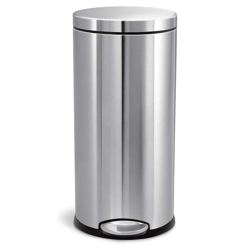 30 Liter Round Step Trash Can, Brushed Stainless Steel Classic Round Shape Strong Steel Pedal Silent Close Lid Stay-Open Lid