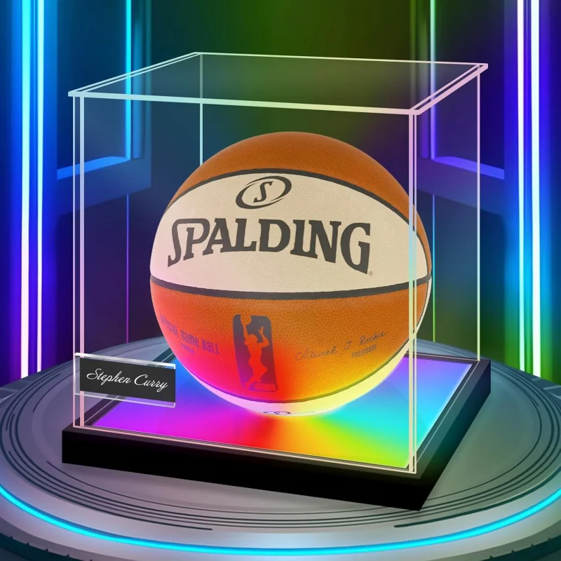 Acrylic Basketball DustProof Display Case with Color Changing LED Light, Clear Full Size Memorabilia Box for Autographed Ball