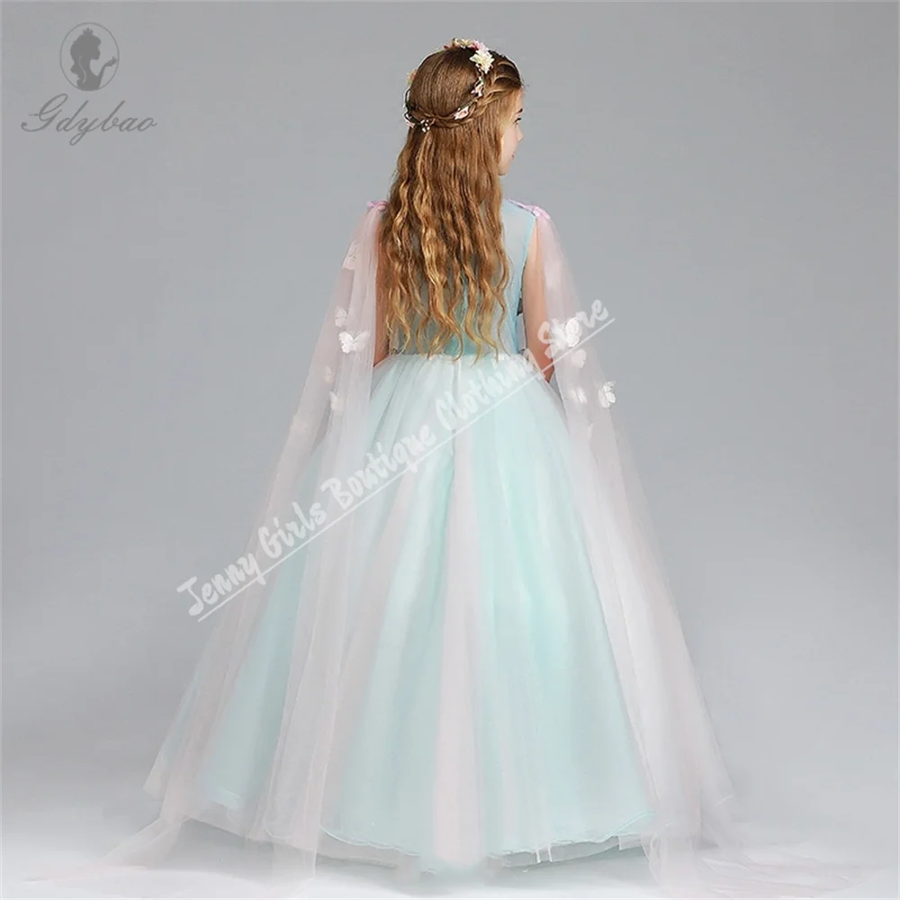 Rosa Applikation Luxus Prinzessin elegantes Blumen mädchen Kleid für Hochzeit geschwollene Tüll Ball Kinder Party Kommunion Abendkleid