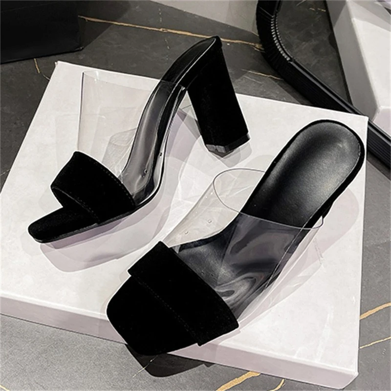 

Aneikeh Summer Fashion Splicing PVC Transparent Open Toe Women Slippers Square High Heels Party Sandals Slide Shoes