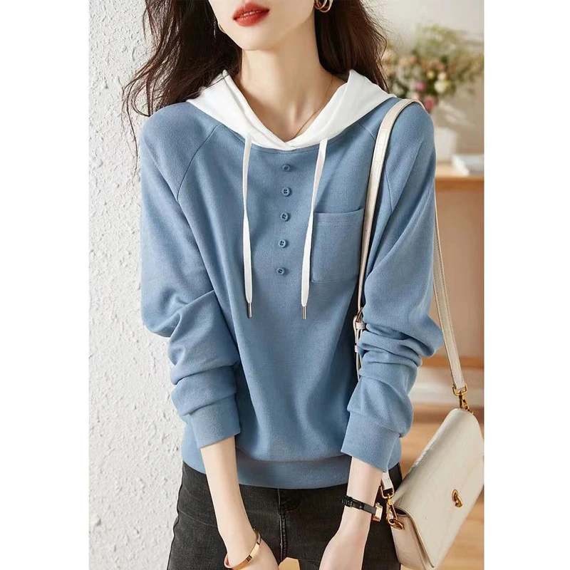 Spring Autumn Women Korean Fashion Contrast Color Patchwork Hooded Sweatshirts Simple Long Sleeve Loose Cotton Pullover Hoodies