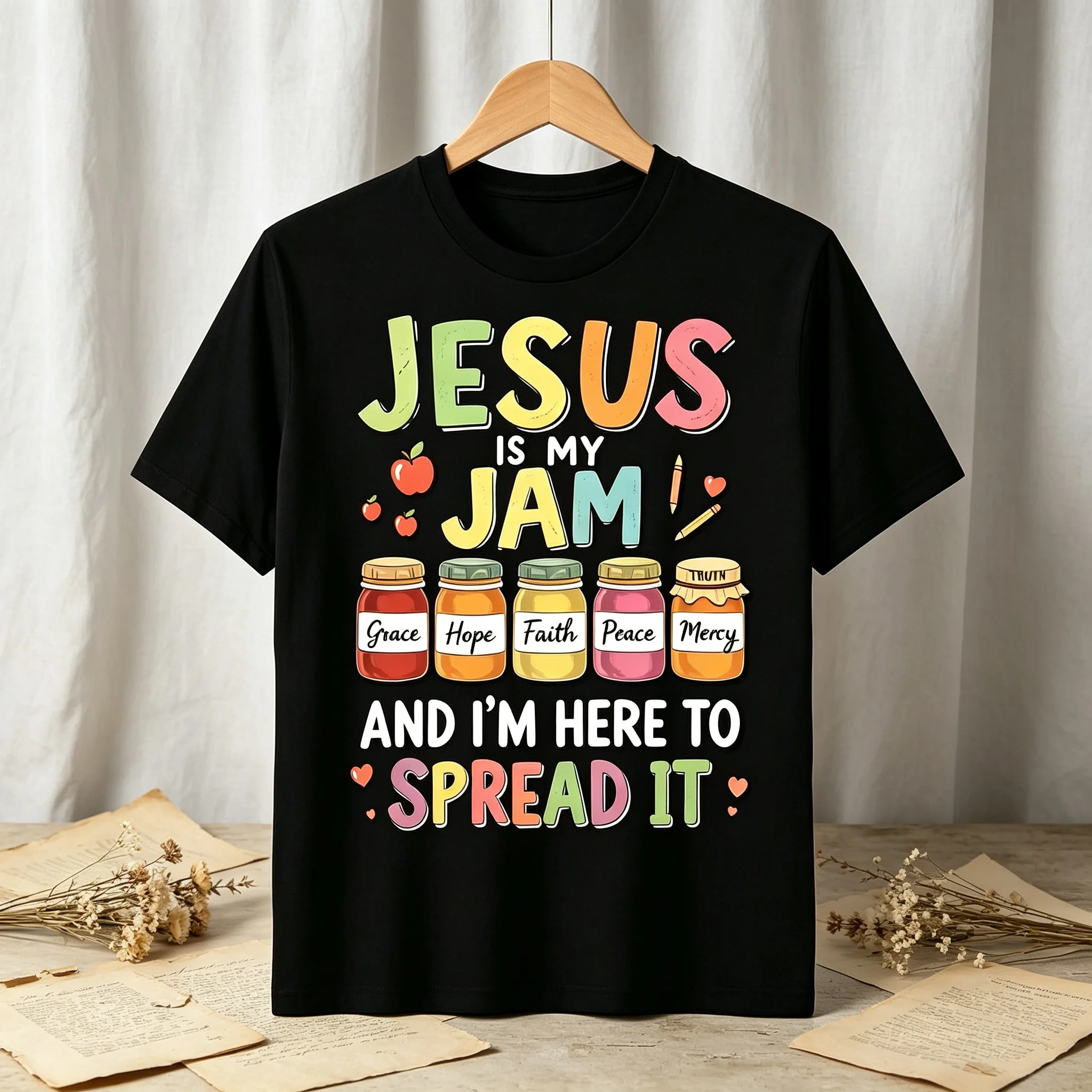 Jesus Is My Jam and I'm Here To Spread It T‑Shirt, Cute Christian Faith Tee, Colorful Jam Jar Graphic Shirt, Religious Gift