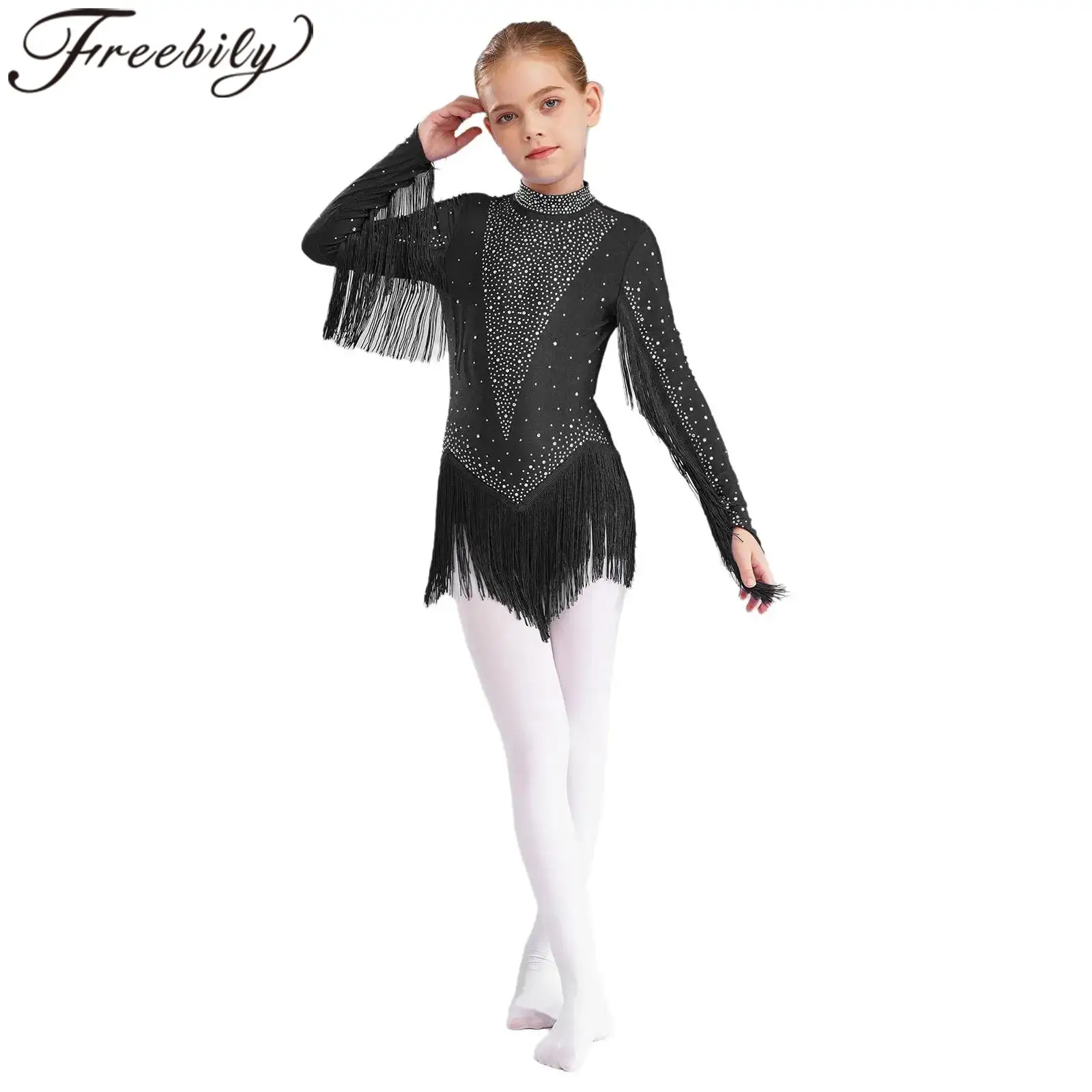 

Girl Tassels Cha-Cha Latin Dance Leotard Kids Salsa Tango Ballroom Dancing Gymnastics Jumpsuit Children's Fringed Bodysuit
