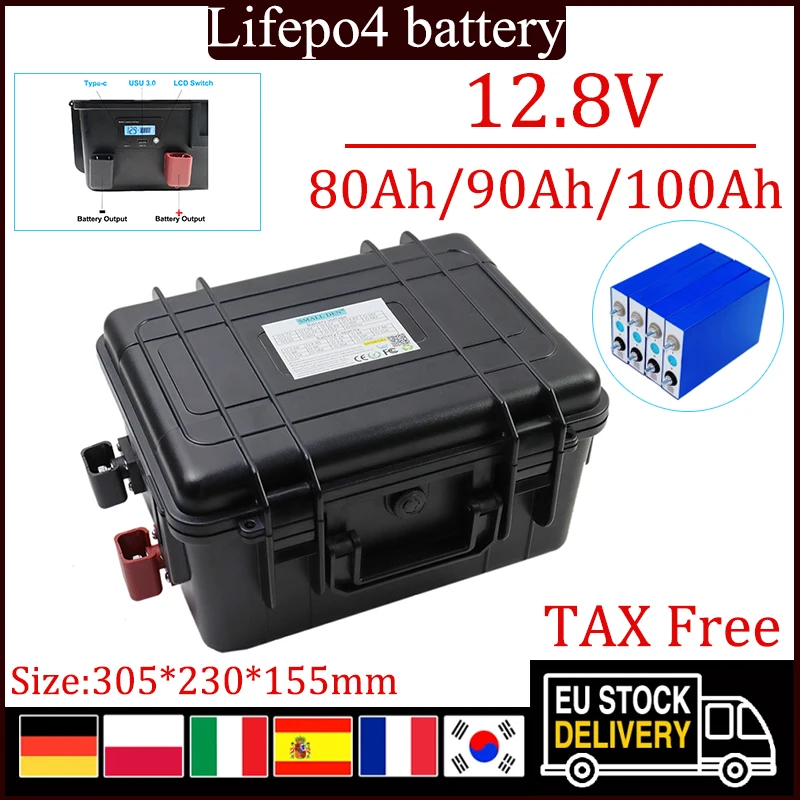 12V 80Ah/90Ah/100Ah LiFePO4 Battery Charging Waterproof BMS Supports Series and Parallel Use with LCD Display Solar RV Battery