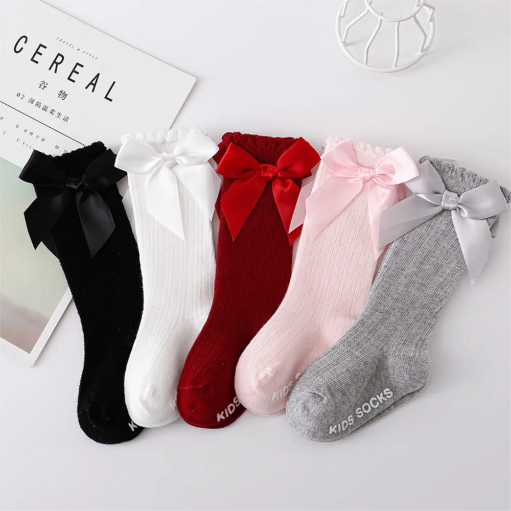 Chaussettes en maille avec gros nœud papillon pour nouveau-né fille, bas de couleur pure, chaussettes hautes au genou, article pour tout-petits