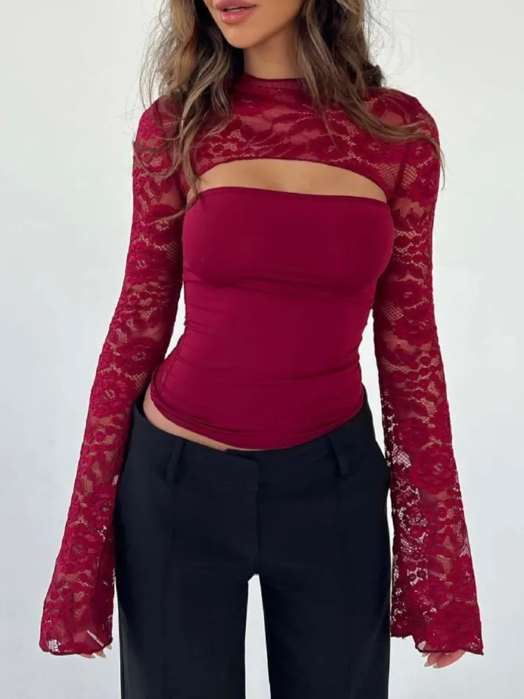 Women's Simple Solid Color Lace Versatile Top Spring Summer Sexy Slimming Personality Hollow Slim Flared Long-sleeved T-shirt