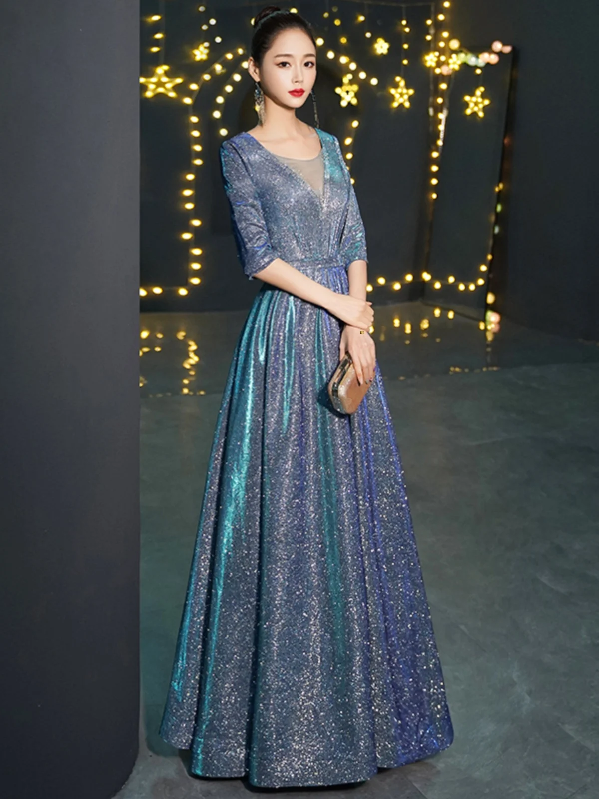 

Длинное вечернее платье Ele, женское платье, роскошная кружевная юбка трапециевидной формы с v-образным вырезом для свадебных выступлений, полиэстер