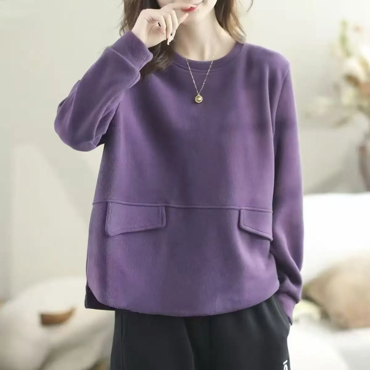 Vintage Korean Style Women Sweatshirt Warm Windproof Fall Winter Layering Casual Chic Streetwear Pullover Tops