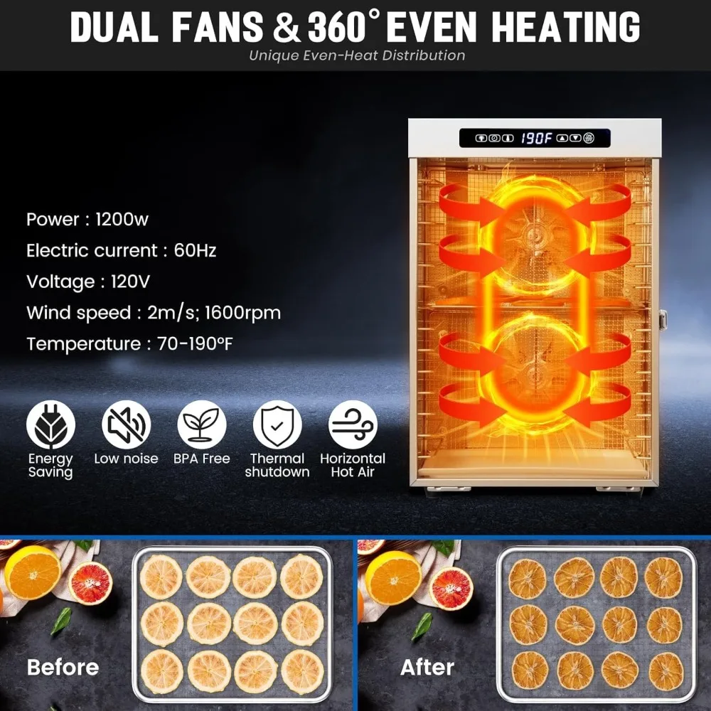 Mesin Pengering Makanan 14 Tray, Pengering Buah 1200W, Pengering Daging 11.98ft² untuk Daging Kering, Kontrol Suhu 190ºF, 24 Jam