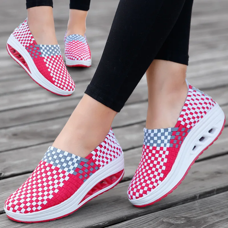 Zapatos De Mujer Sneakers Women's Mixed Color Woven Wedge Rocking Shoes Lightweight Non-slip Breathable Loafers Chaussure Femmes