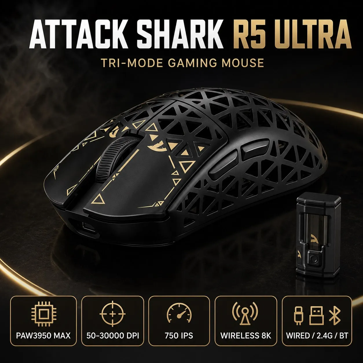 ATTACK SHARK R5 Ultra Gaming Mouse, PAW3950MAX Sensor, Wired USB, 2.4GHz and Bluetooth, Wireless 8K Polling, 230mAh Battery