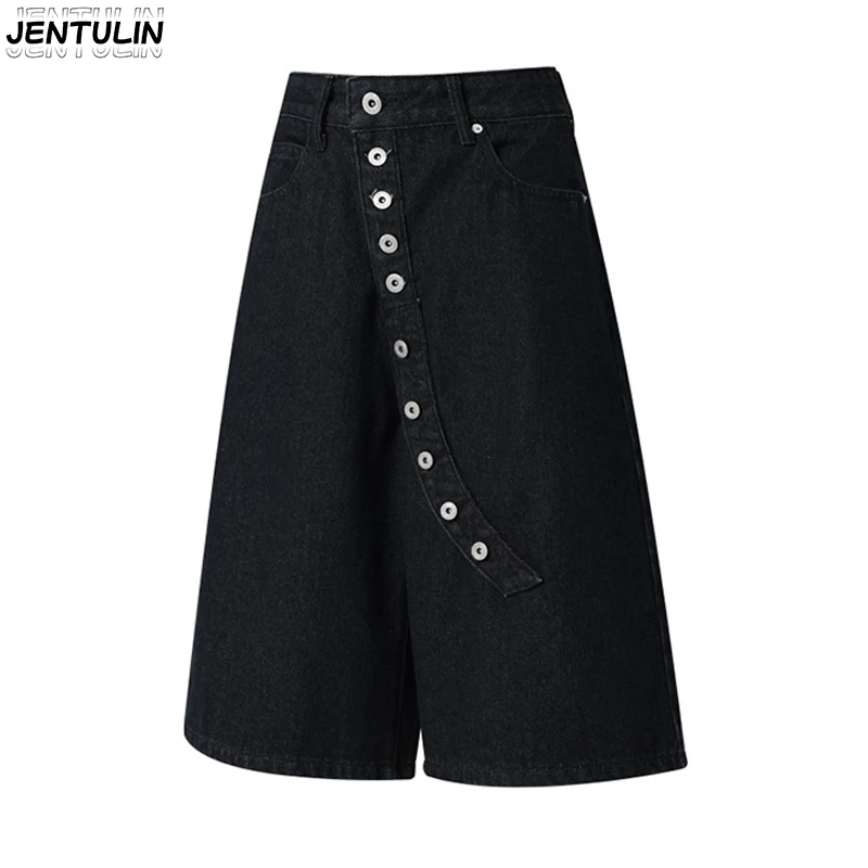 

2026 Summer Diagonal Buckle Black Denim Wide Leg Mid Length Pants High Waist Slimming A-line Five Quarter Pants Slim Fit Unisex