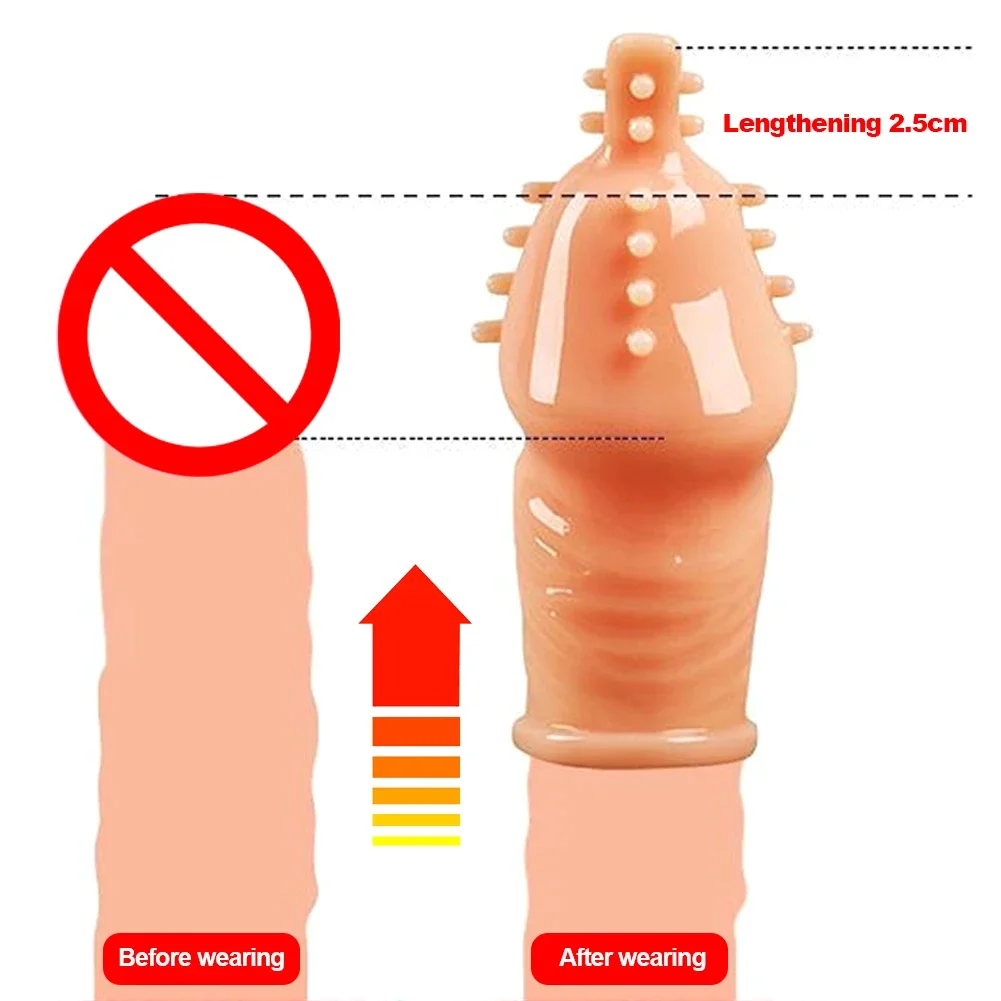 Penis Extension Sleeve Lengthen Reusable Enlargement Condoms Silicone Glans Cover Spike Dick Cock Ring Erection Erotic Sex Toys