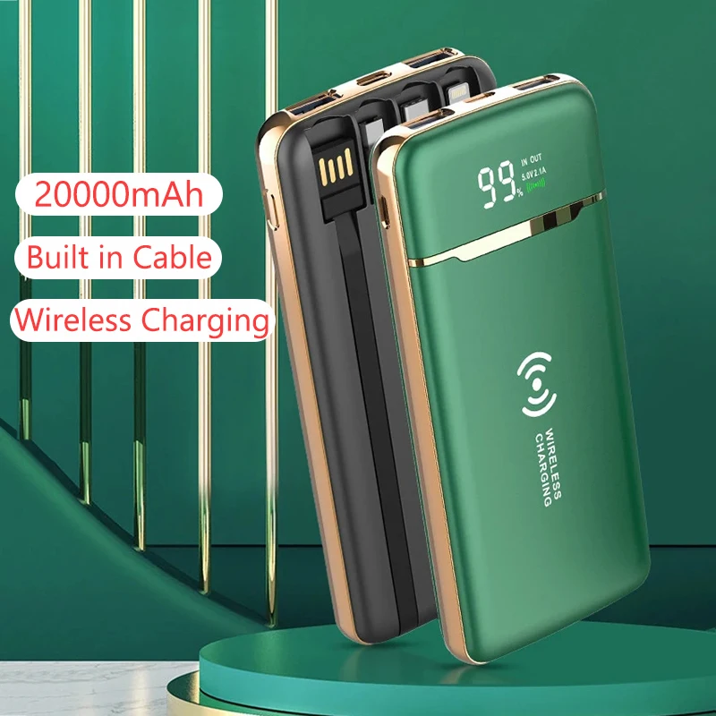 20000mAh Wireless Charger Power Bank with 4 Cable Fast Charging Portable Powerbank for iPhone Samsung Huawei Xiaomi Power Supply