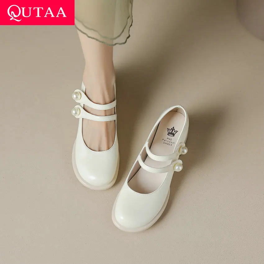 

QUTAA 2024 Women Pumps Square Med Heel Microfiber Round Toe Mary Janes Casual String Bead Pumps Shoes Woman Summer Size 34-43