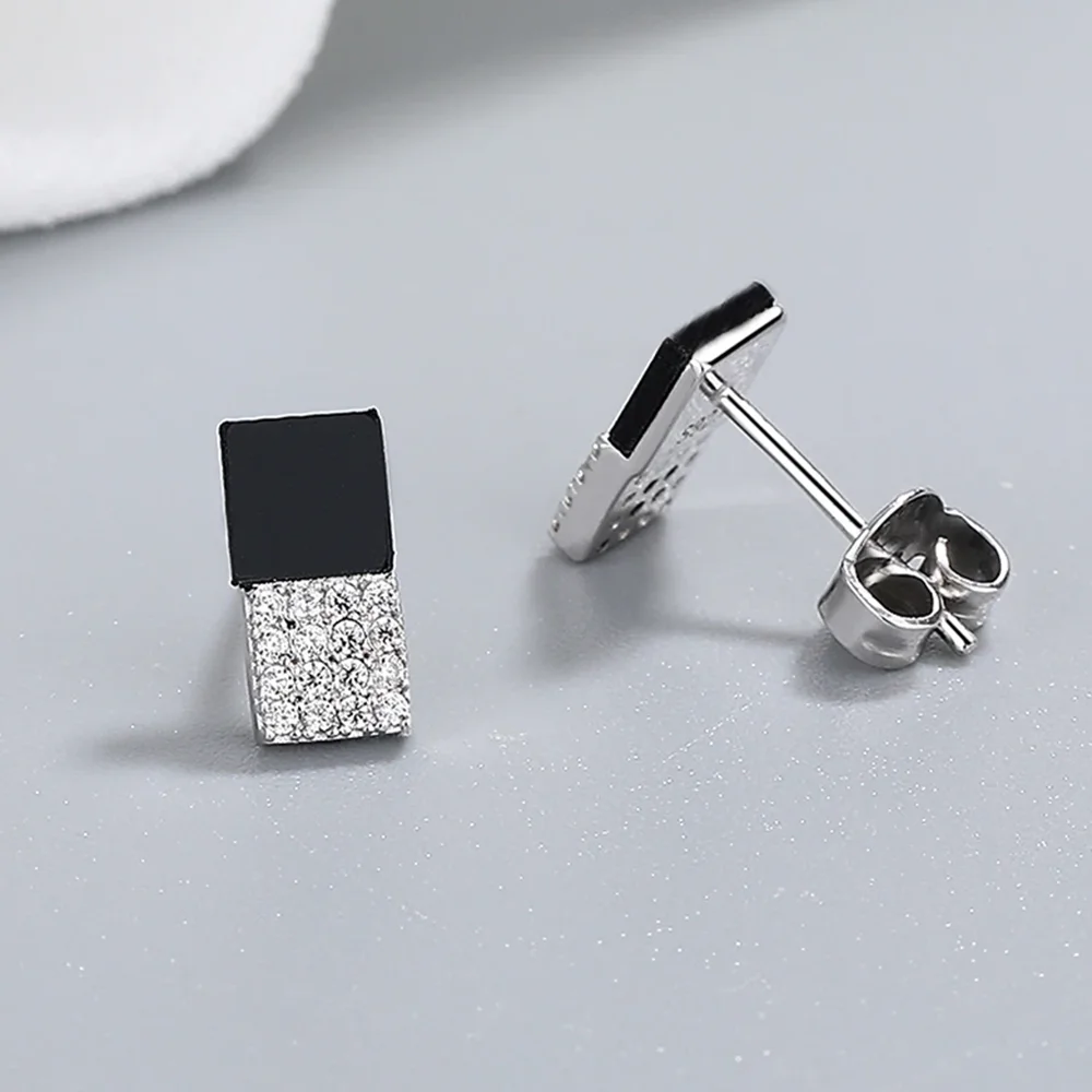 

YLMyself 925 Sterling Silver Stud Earrings Pineapple Rectangle Design Pave Cubic Zircon Cute Shiny Fine Jewelry Gift For Women