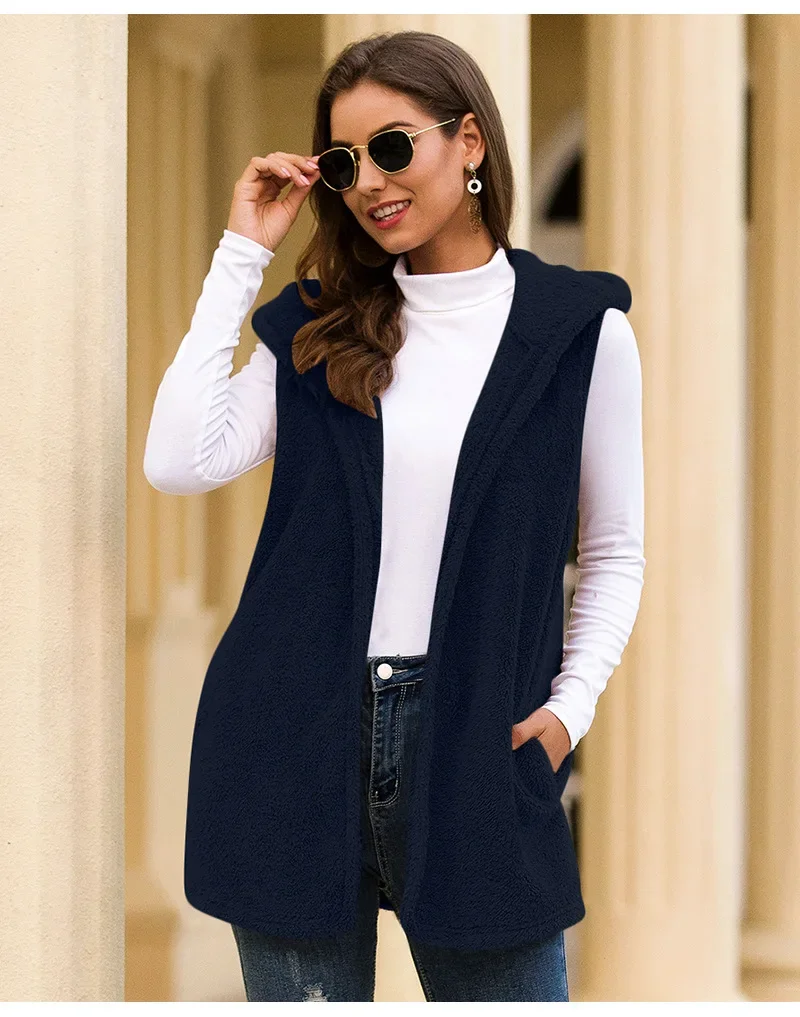 Chaleco con capucha de longitud media para mujer, chaquetas de felpa, abrigos de moda, cárdigan de calle, Color sólido, Otoño e Invierno