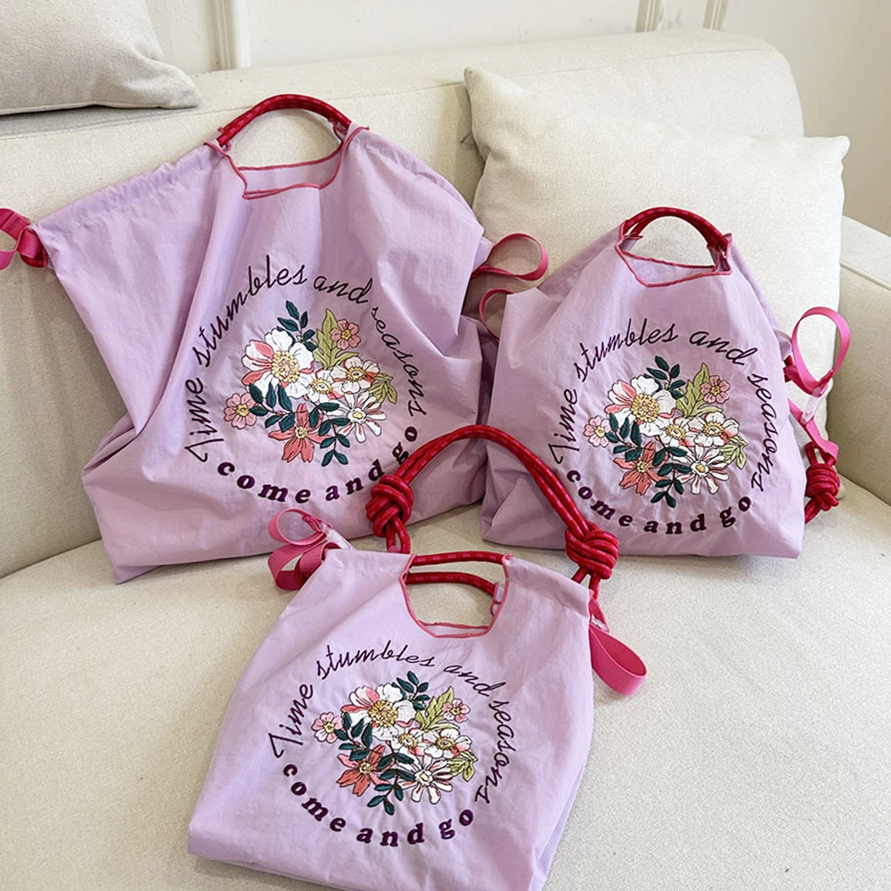 Cartoon Embroidery Eco Bag Bear Designer Women Shoulder Bag Rope Handle Shopper Purses and Handbags Nylon Tote Bags for Women