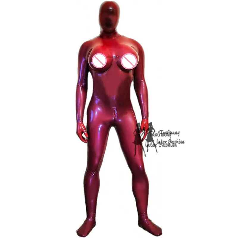 Unisex Sexy Latex Catsuit Neck entry Rubber Bodysuits With D cup silicone breasts