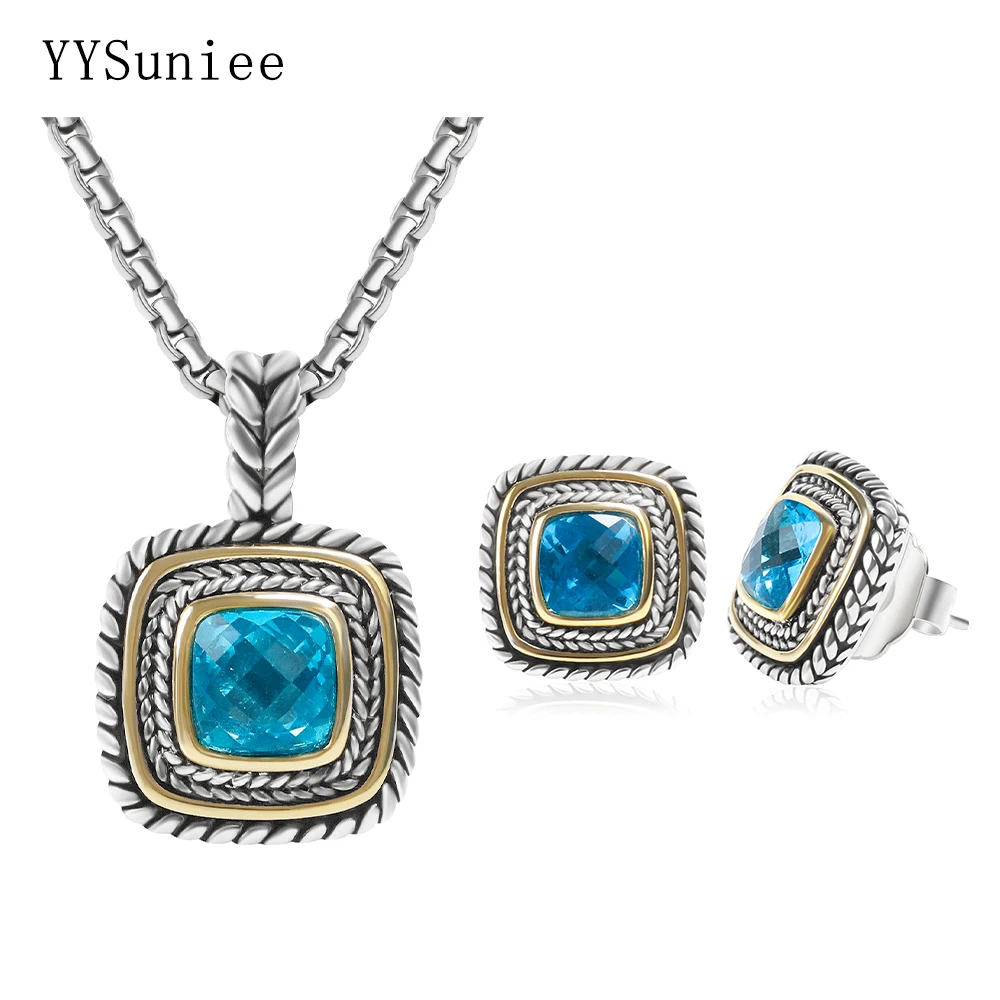 YYSuniee 7mm Cubic Zirconia Women's Jewelry Set 18k Gold-Plated Two-Color Wheat Thread Earrings Pendant Set Birthday Gift