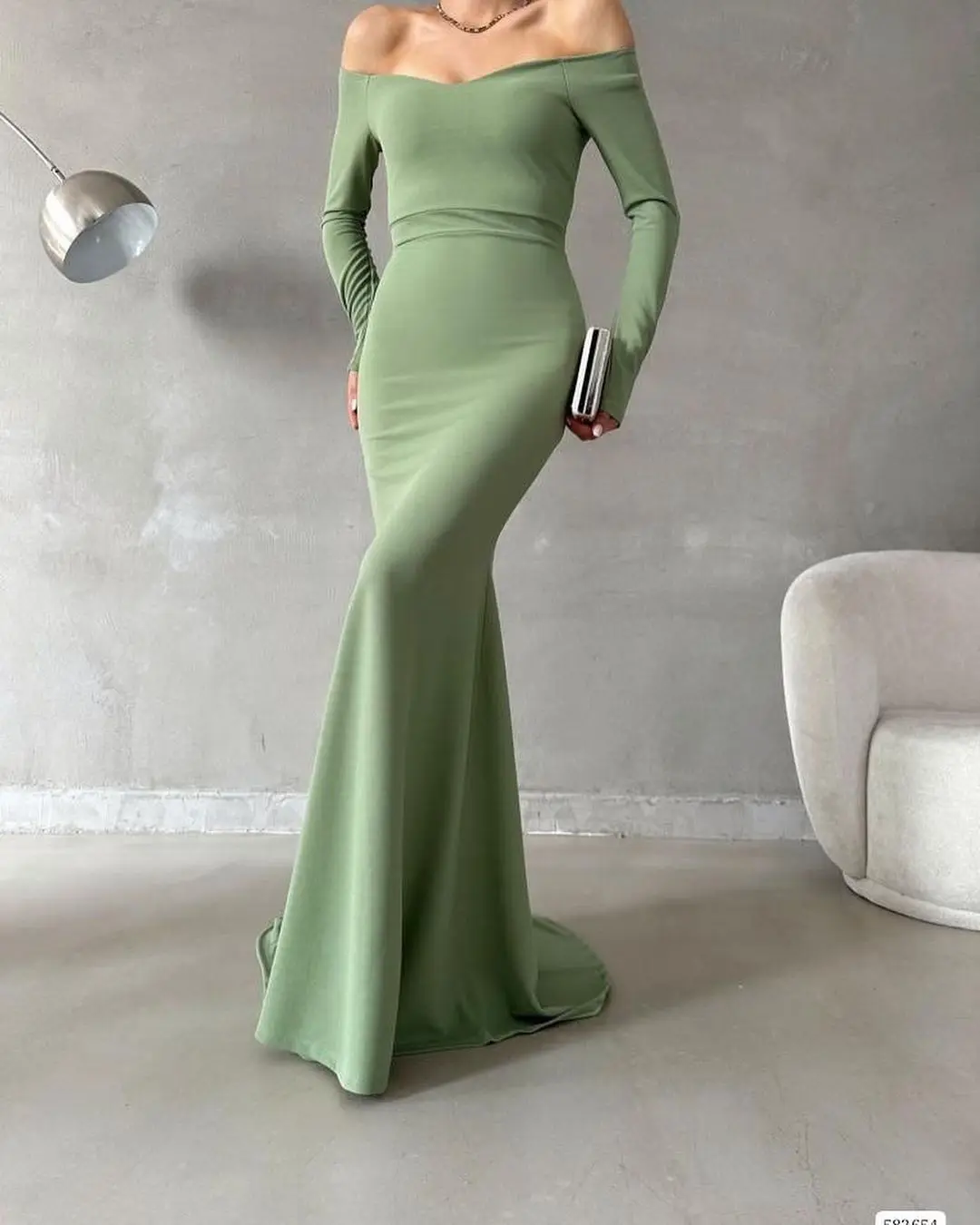 

Sapmae Off-the-shoulder Full Sleeve Sheath Zipper Up Floor-length Court Train Elegant Prom Formal Evenning Party Dress For Women