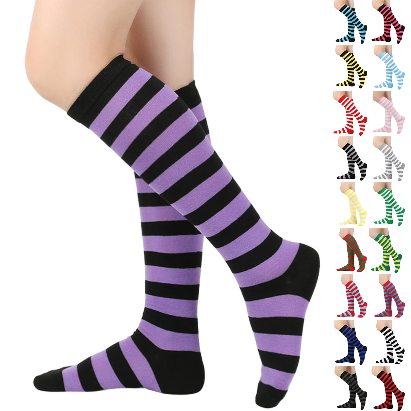 Knee High Socks Trendy Wide Striped Ladies Mid Calf Socks Knee Length Socks Soft Stretchy Breathable Lightweight Stylish