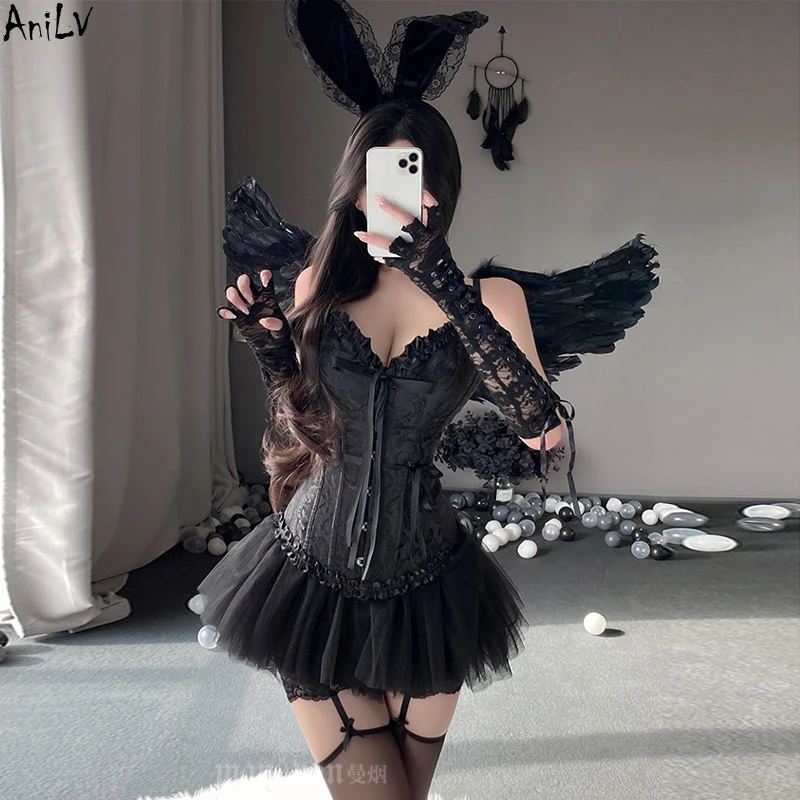

AniLV Dark Demon Angel Tube Top Corset Pompon Skirt Unifrom Women Medieval Outfits Costumes Cosplay