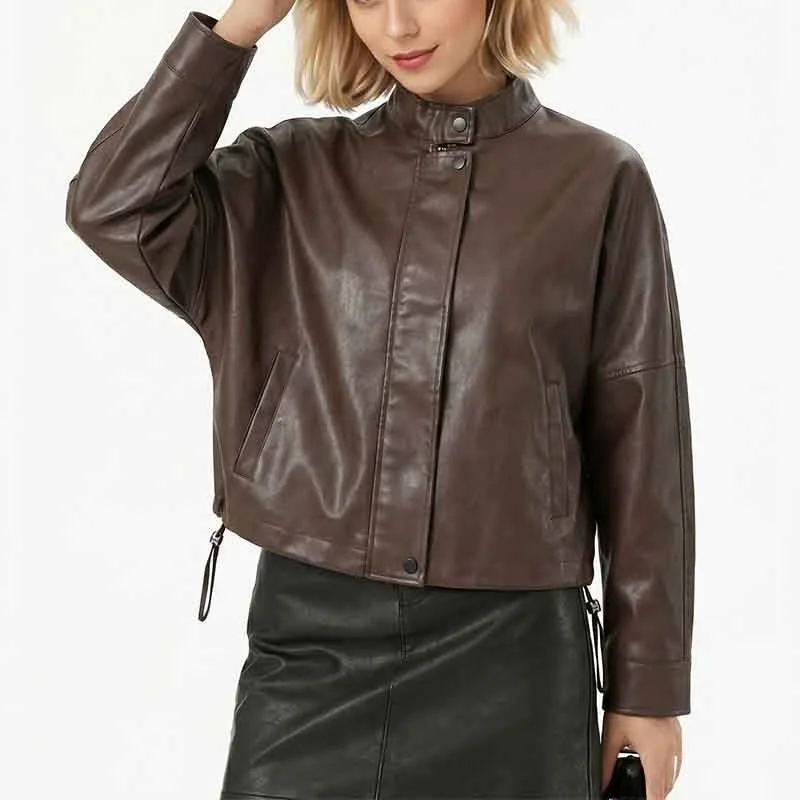Fall 2026 Women's Short 3D Leather Jacket Stand Collar Casual Shirt Thick Synthetic Leather Top Pure Offline No Brand
