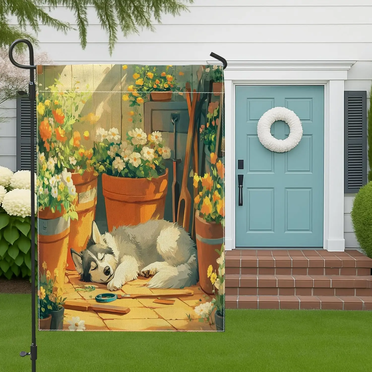 Spring Alaskan Malamutes Dog Garden Flags 12x18 Inch for Outside, Cute Flowers Pot Plant Pattern Standard Linen House Flags, ZZM