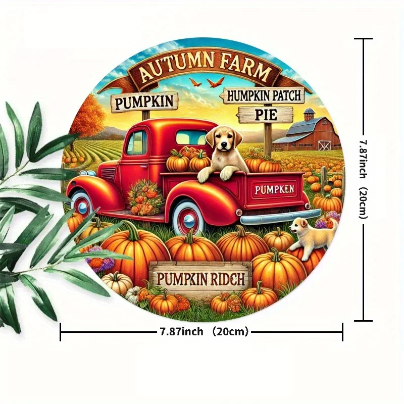 [2D Flat] Charming 8x8 Inch Round Iron Metal Sign - Autumn Dog Pumpkin Farm Adventure, Vibrant Fall Scene with Red Truck, Pumpki