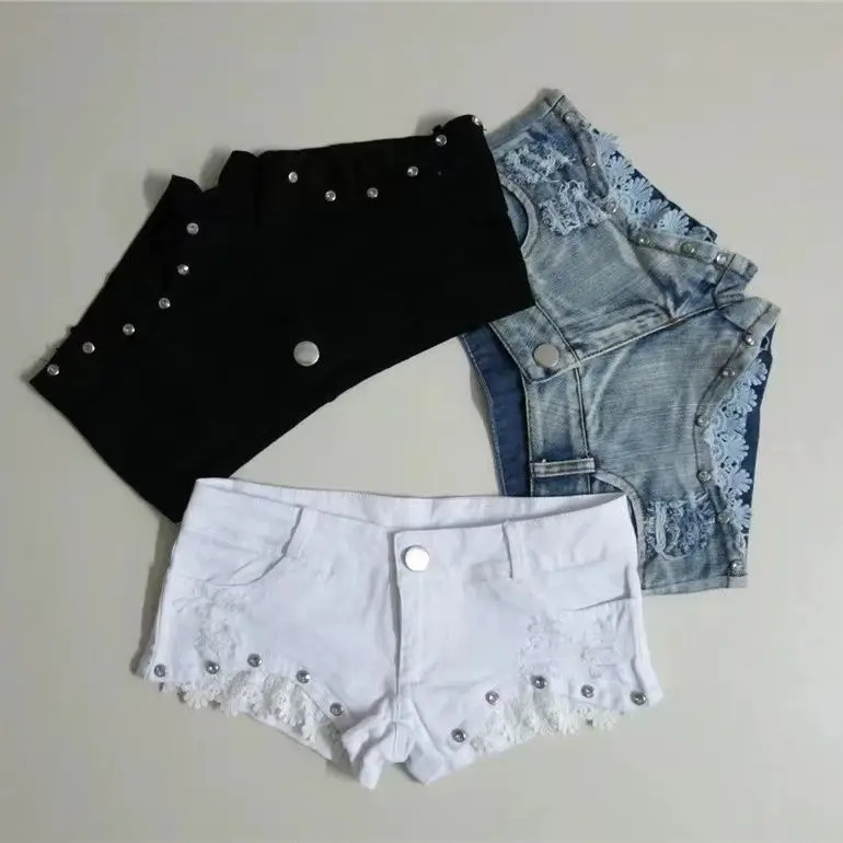 Slim and Elastic Tight Denim Shorts Hot Girl Lace Spliced bright Diamond Super Low Waist