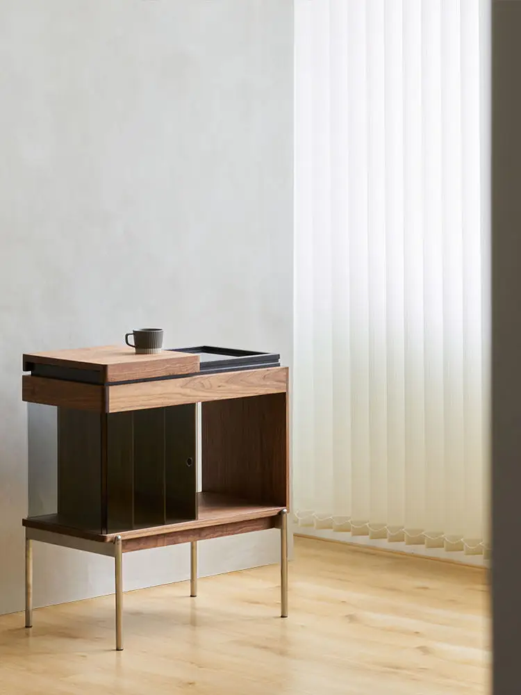 Magazine Cabinet Vinyl Records Books and Newspapers Low Side Cabinet Black Walnut Glass Solid Wood Living Room Sofa Storage