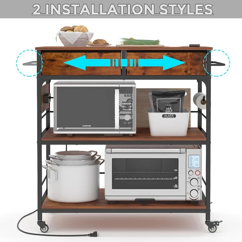 Kitchen Island with Storage,Rolling Kitchen Island Cart with Power Outlet,Industrial Kitchen Island on Wheels,Kitchen Cart for H