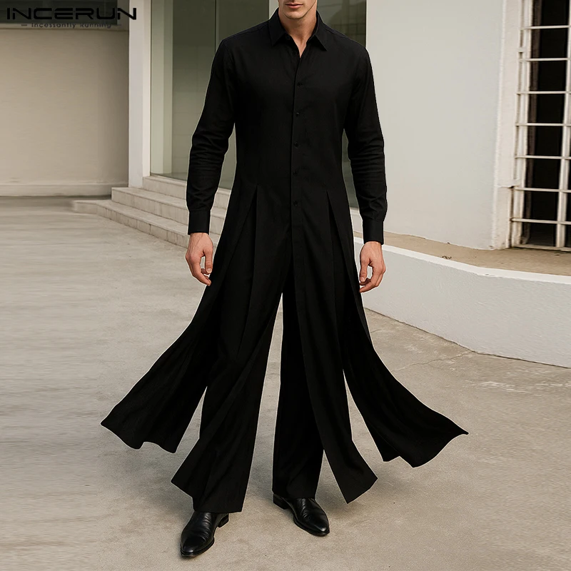 

INCERUN Men Long Style Shirt Solid Color Lapel Long Sleeve Loose Split Men Clothing Streetwear 2025 Fashion Casual Long Tops Men
