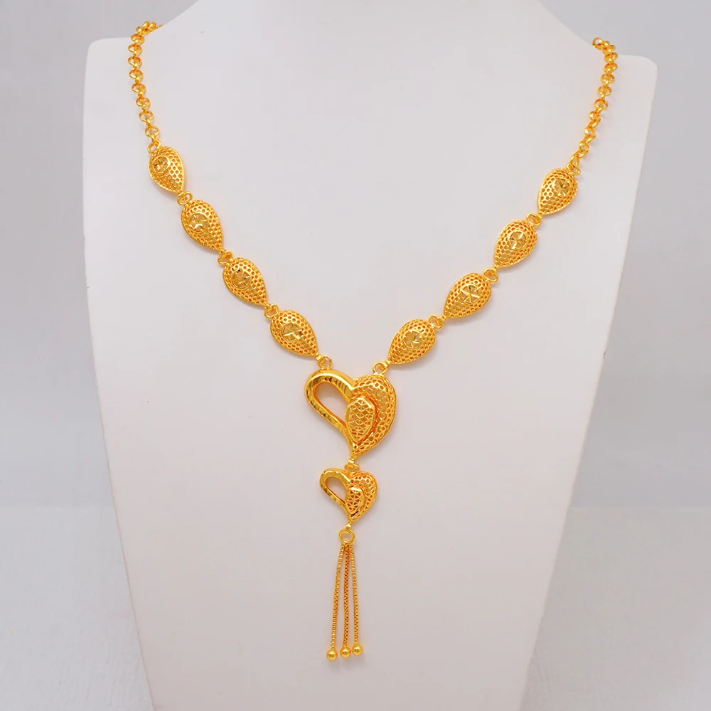 Trendy Dubai Gold Color Jewelry Set For Women Tassel Long Arabic Ethiopian Chain Bridal Necklace Bracelet Earring Ring Sets