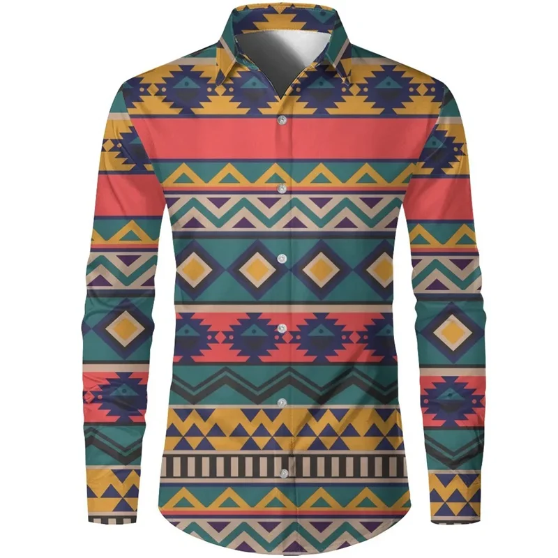 European and American men's new leisure trend, ethnic tribal style, 3D digital printed long sleeved shirt