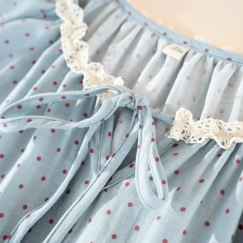 Summer Polka Dot Blue Cotton Nightgown Round Neck Women's Home Wear Loose Thin Sleepwear Dress Night Wear 3